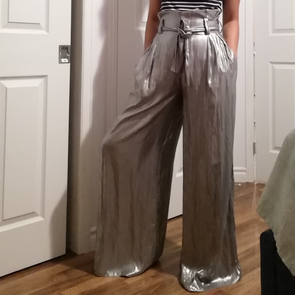Zara Pants - Zara Trafaluc Wide Leg Metallic Khaki Pants Xsmall